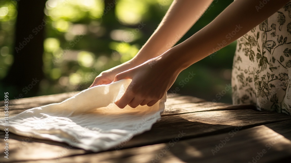 Woman's hands unfolding a linen cloth on a rustic wooden table outdoors. Woman's hands unfolding a linen cloth on a rustic wooden table outdoors.