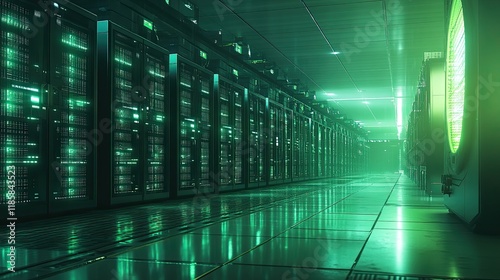 A high-tech data center with rows of servers and a digital green and blue color scheme creates a futuristic atmosphere, offering the ideal setting for tech-inspired designs. 