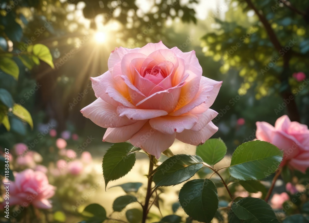 A delicate pink rose blooms against the warm sunlight filtering through the trees, its petals gently unfolding, tree branches, sunlight A delicate pink rose blooms against the warm sunlight filtering through the trees, its petals gently unfolding, tree branches, sunlight