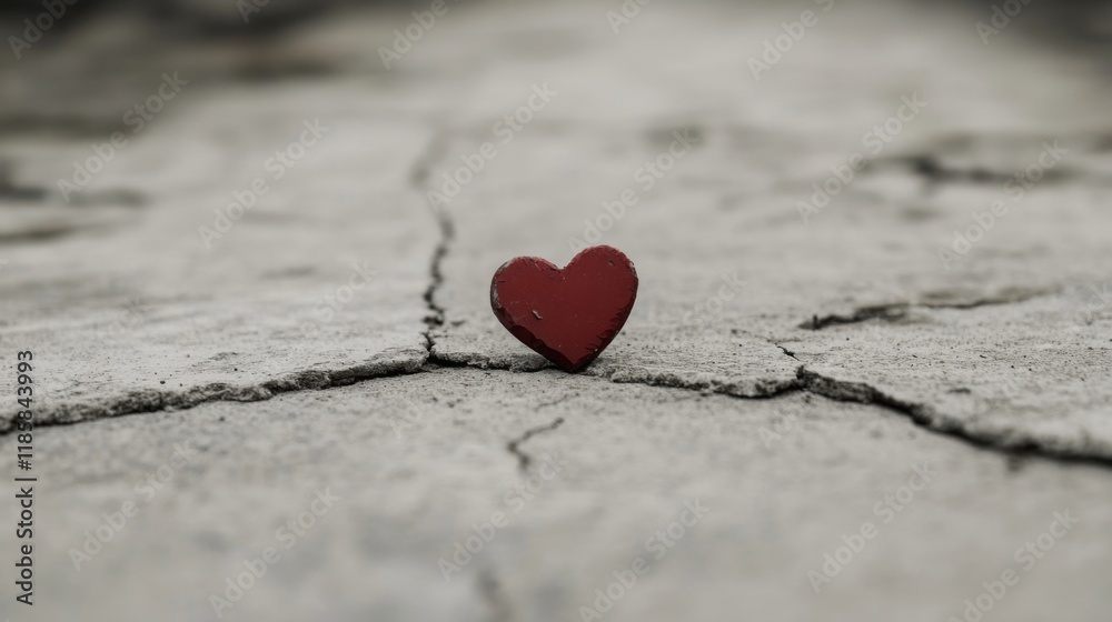 Fototapeta premium Small red heart on cracked ground, depicting fragility and resilience.