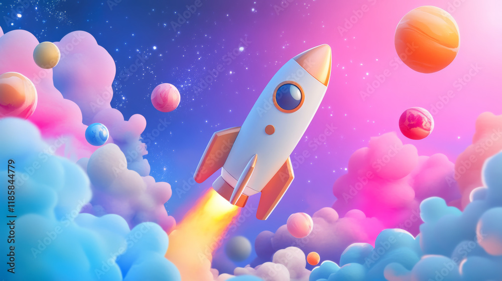 Naklejka premium friendly rocket zooms through colorful nebula, surrounded by vibrant planets and soft clouds, creating whimsical and adventurous atmosphere