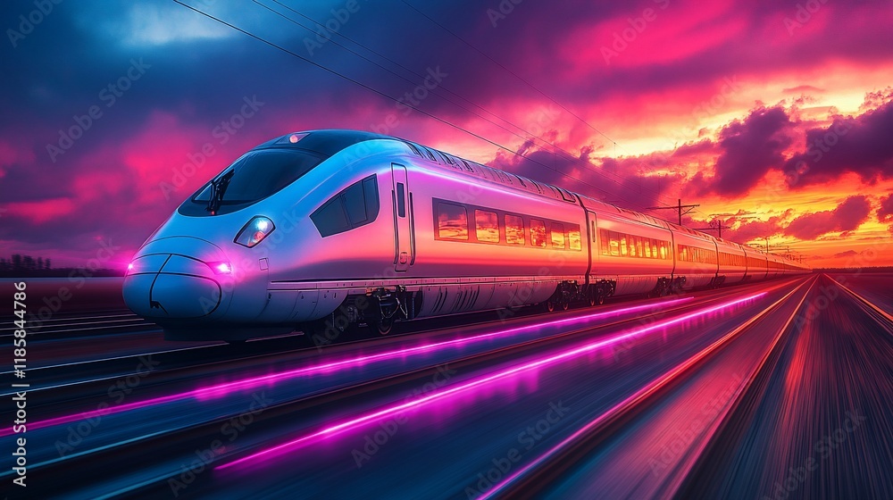 Naklejka premium Futuristic high-speed train speeding through vibrant sunset landscape.