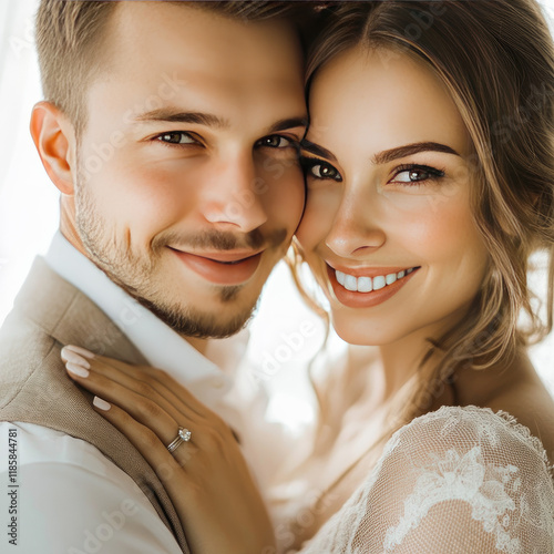 Happy newlywed couple close-up, isolated, on a white background.
