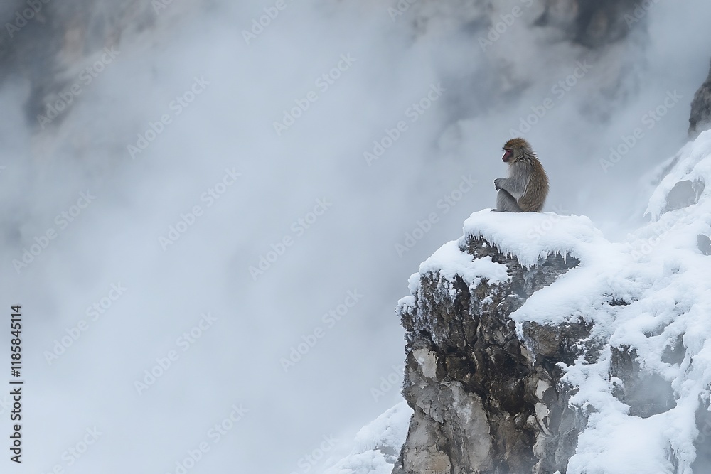 Solitary monkey sits on snowy cliff, steam rising. Solitary monkey sits on snowy cliff, steam rising.
