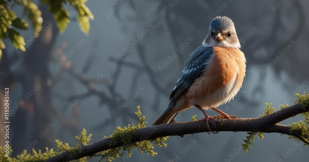 A delicate bird perches on a branch, its feathers ruffled by the wind, turbulent skies, resilience A delicate bird perches on a branch, its feathers ruffled by the wind, turbulent skies, resilience