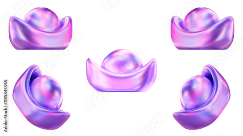 3d set of Chinese neon ingot Yuan Bao. Holographic design element for Chinese New Year.  Stock vector illustration on isolated background.