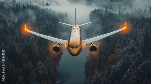 Modern Passenger Jet Descending Over Scenic River