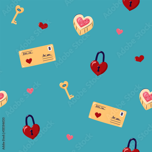 Valentine's Day Seamless pattern with envelopes and Heart Shaped Lock and Key. Cute background for textiles and packaging. Vector illustration.