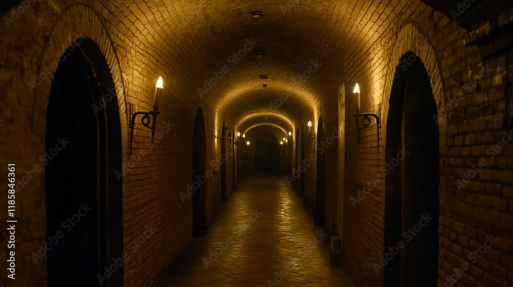 Dark brick arched hallway with candlelight.