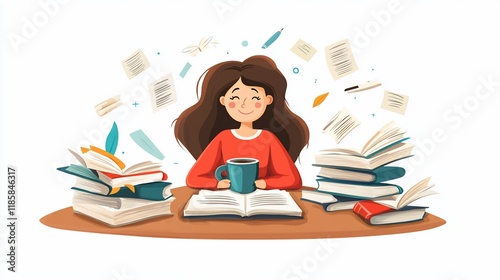 Girl Enjoys Reading with a Mug of Coffee Surrounded by Books