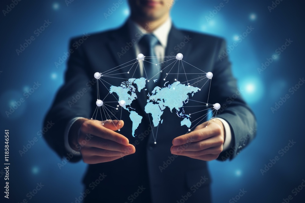 Businessman presenting global network and international connections on blue background Businessman presenting global network and international connections on blue background