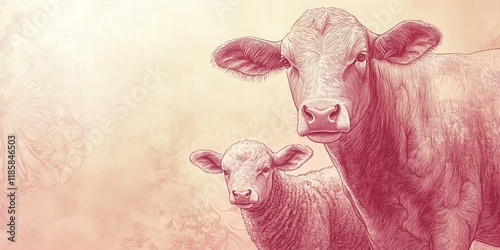 Gentle Cow and Lamb: A Delicate Pink Etching