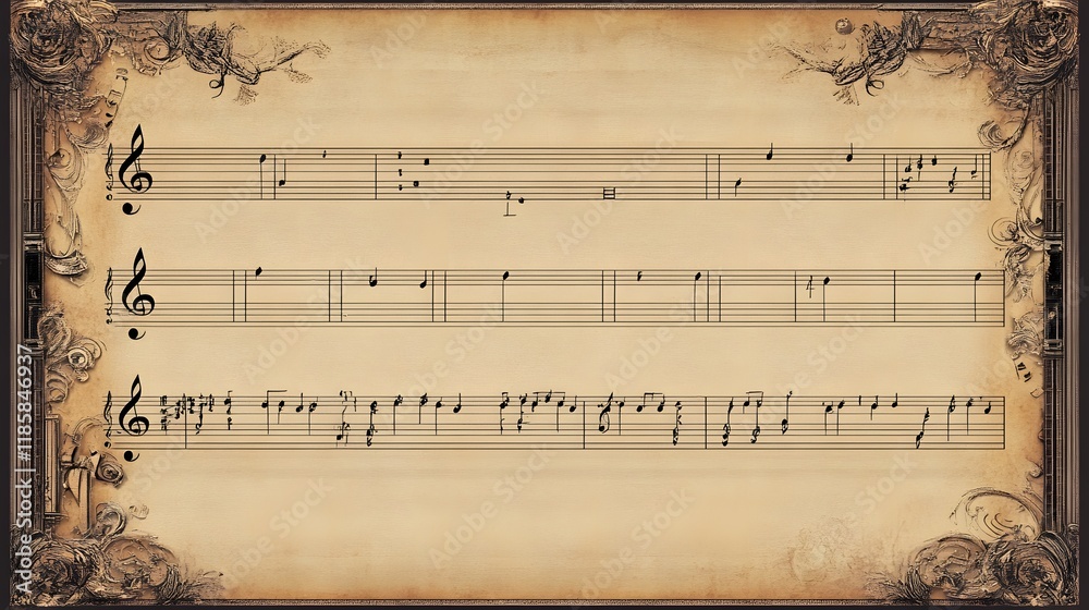 Fototapeta premium Antique Sheet Music Displays Musical Notes On Aged Paper