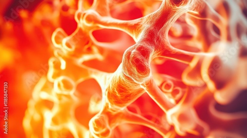 Abstract fiery network, intricate details, vibrant colors, microscopic view, complex structure, fiery texture, glowing filaments