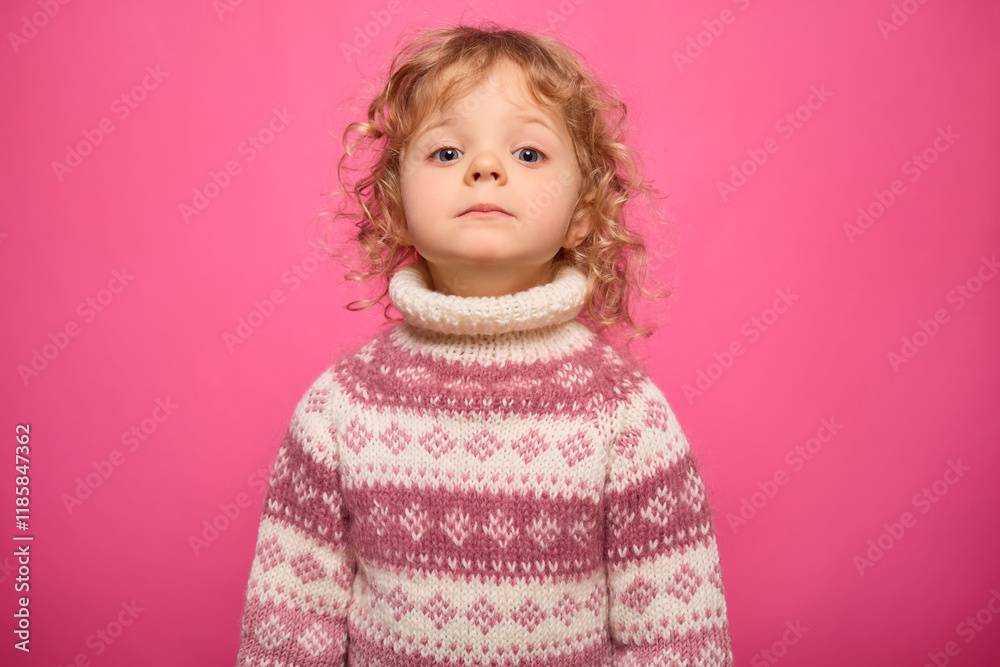 A young child with curly blonde hair stands with an expression of confidence, dressed in a cozy patterned sweater. The backdrop is a bright pink, creating a playful atmosphere A young child with curly blonde hair stands with an expression of confidence, dressed in a cozy patterned sweater. The backdrop is a bright pink, creating a playful atmosphere