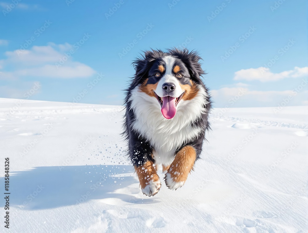 A Bernese mountain dog running in the snow with a big smile on its face and white fur flying everywhere, animal fun in the snow., cold weather, dog in snow, snowy landscape, winter wonderland A Bernese mountain dog running in the snow with a big smile on its face and white fur flying everywhere, animal fun in the snow., cold weather, dog in snow, snowy landscape, winter wonderland