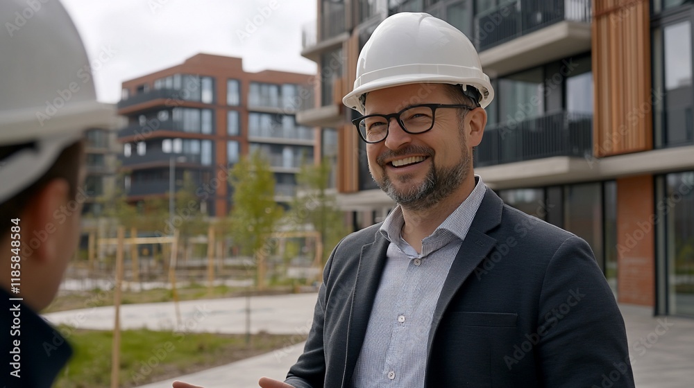 Smiling architect in hardhat conversing with colleague at construction site. Smiling architect in hardhat conversing with colleague at construction site.