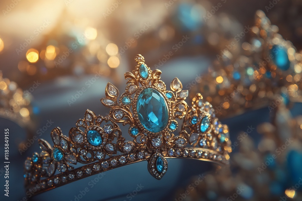 Close-up of ornate gold crowns adorned with sparkling blue gemstones. Close-up of ornate gold crowns adorned with sparkling blue gemstones.