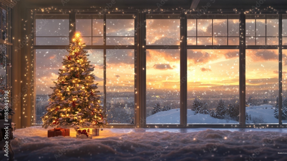 Fototapeta premium A Christmas tree glowing brightly in front of a large window with snow falling outside