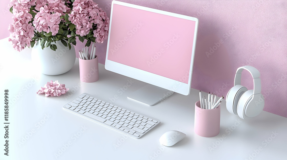 Pink aesthetic desktop workspace with flowers, computer, and headphones; minimalist home office setup for blogging or online work. Pink aesthetic desktop workspace with flowers, computer, and headphones; minimalist home office setup for blogging or online work.