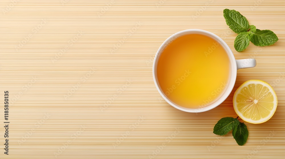Herbal wellness tea blend ad, teacup with lemon, ginger, mint, on natural wooden surface, clean space for ad text, cozy and healthy look Herbal wellness tea blend ad, teacup with lemon, ginger, mint, on natural wooden surface, clean space for ad text, cozy and healthy look