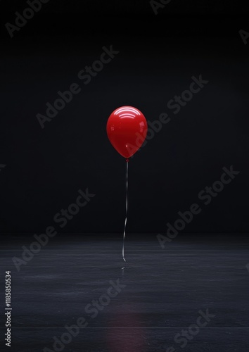 A red balloon is floating in the air in a dark room