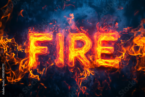 Sign FIRE with flame on dark abstract background.