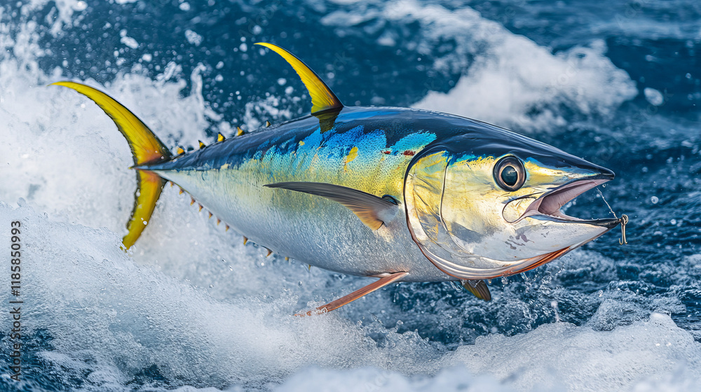 Tuna fish with spinning rods, lines and reels, fishing sport vector design. Fisherman or angler tackle and tourism equipment store retro poster of outdoor hobby and recreation sports themes Tuna fish with spinning rods, lines and reels, fishing sport vector design. Fisherman or angler tackle and tourism equipment store retro poster of outdoor hobby and recreation sports themes