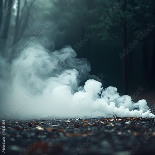 A smoky  fog like backdrop with rolling tendrils of mist creeping from the corners of the frame  set against a dark forest silhouette or an empty street scene photo