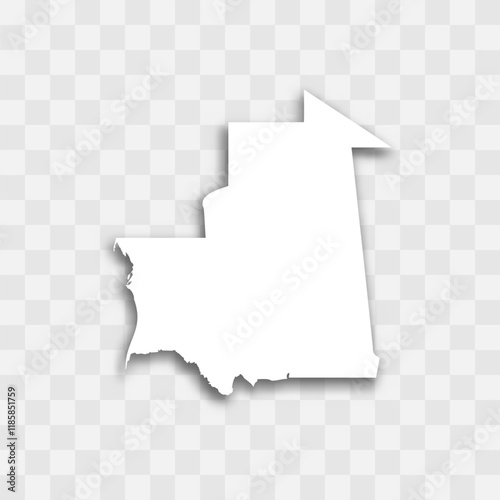 Mauritania high detailed vector representation of country silhouette. White color on transparent background with dropped shadow. For educational, decorative, or informational use.