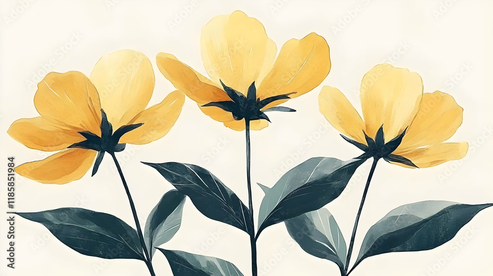 Fototapeta premium Yellow Flowers Bloom Beautifully with Dark Green Leaves