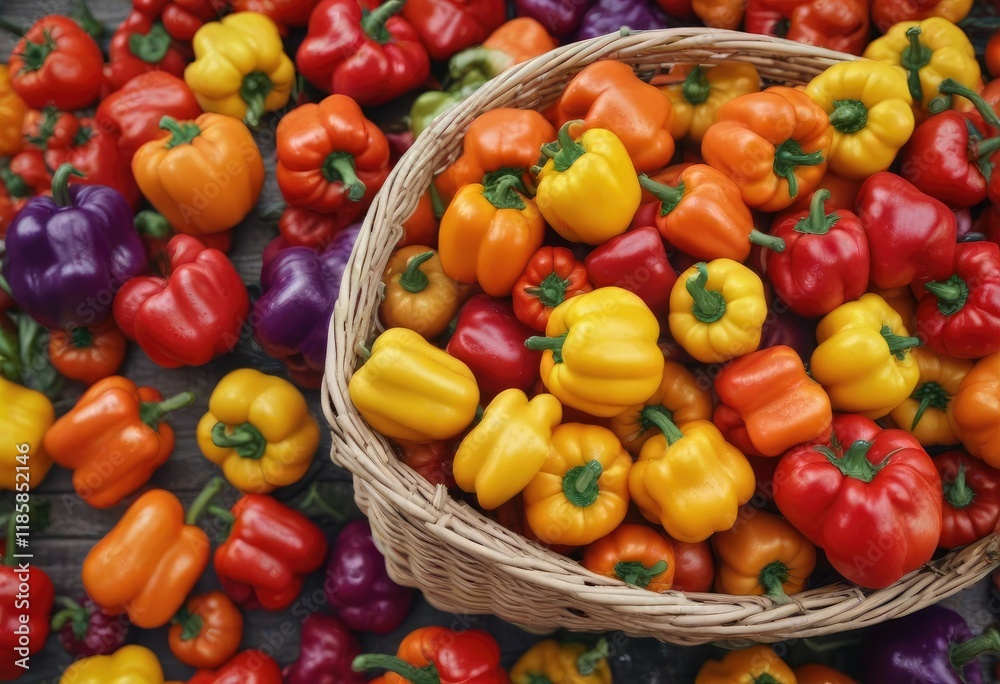 A basket filled with a variety of colorful capsicums, including red, orange, yellow, and purple, colorful, vegetable A basket filled with a variety of colorful capsicums, including red, orange, yellow, and purple, colorful, vegetable