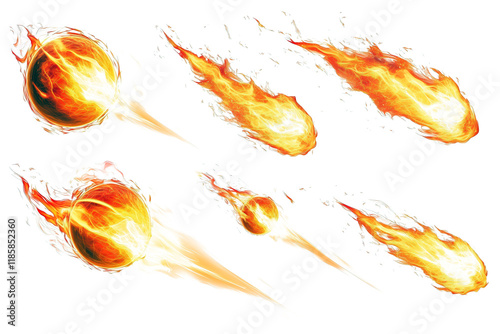 Isolated fireballs with trails on white background.