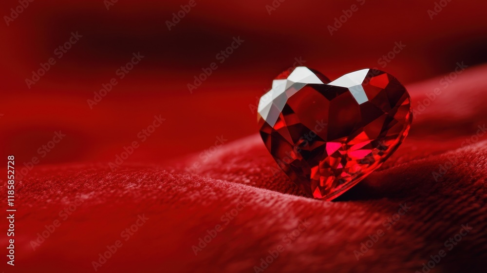 Naklejka premium A heart-shaped ruby gemstone sitting on a rich red velvet background