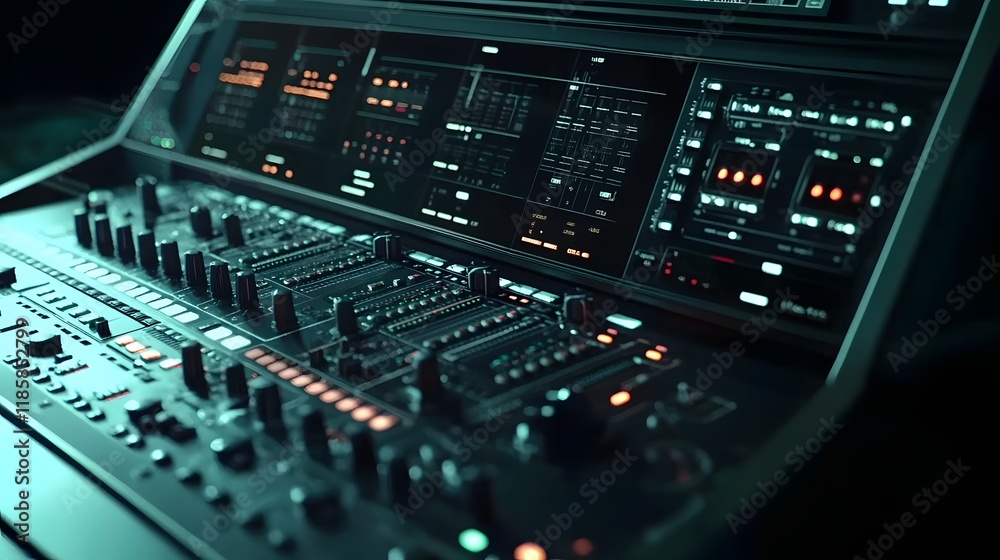 Futuristic Audio Mixing Console Detailed Closeup View Futuristic Audio Mixing Console Detailed Closeup View