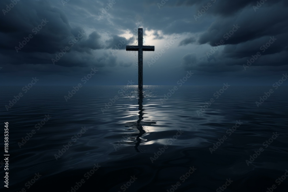 Wooden cross rising from dark rippling water with moon shining through stormy clouds, creating a dramatic and spiritual scene Wooden cross rising from dark rippling water with moon shining through stormy clouds, creating a dramatic and spiritual scene