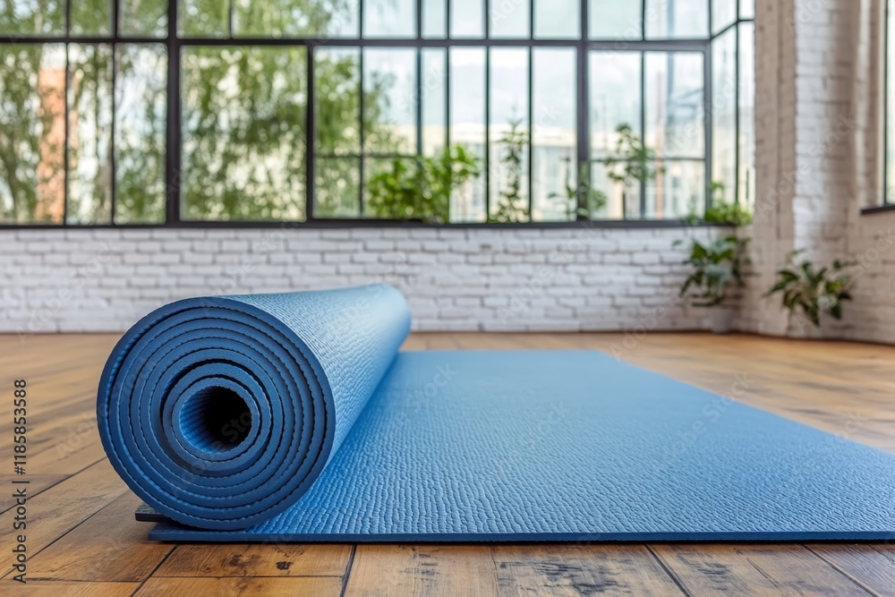 Rolled yoga mat on wood floor, studio, window Rolled yoga mat on wood floor, studio, window
