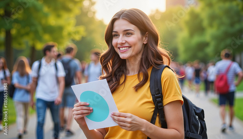 Happy young adult distributing club flyers on vibrant college campus, engagement photo