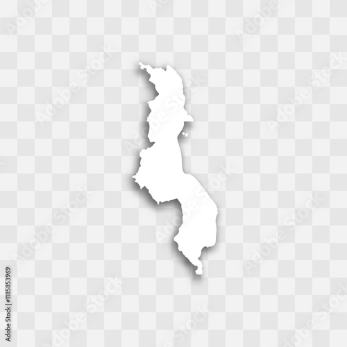 Malawi high detailed vector representation of country silhouette. White color on transparent background with dropped shadow. For educational, decorative, or informational use.