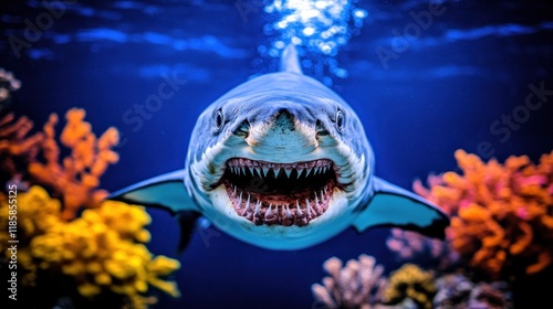 Great white shark underwater close-up, open mouth, coral reef background.