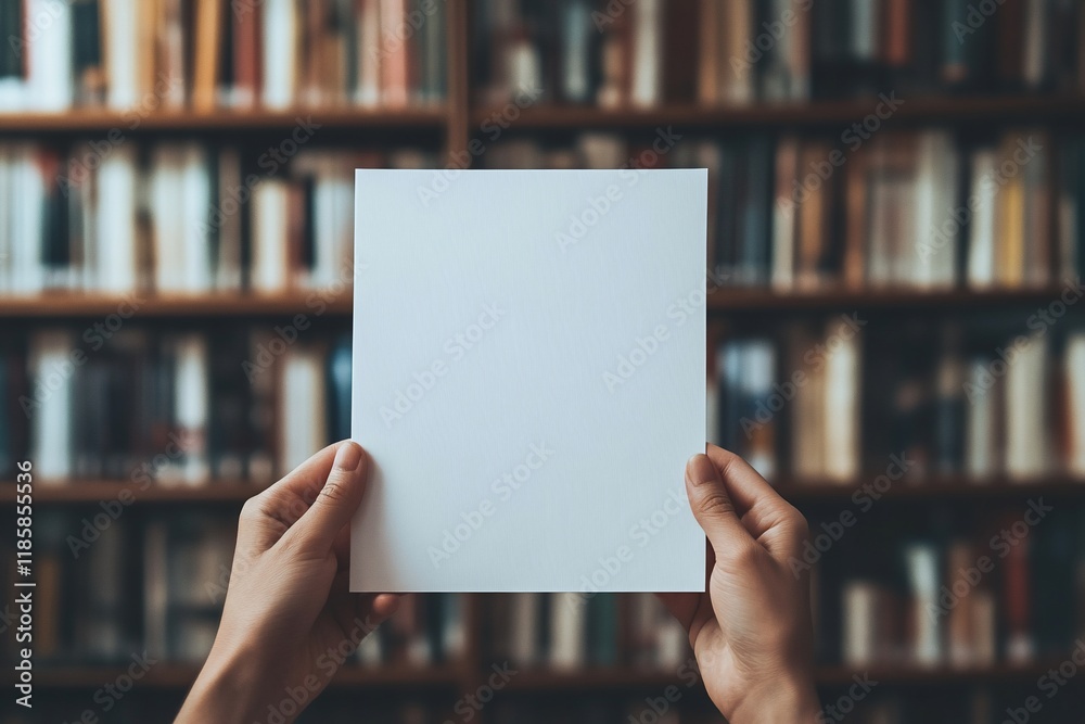 Hands holding blank paper against blurred library bookshelf background. Hands holding blank paper against blurred library bookshelf background.