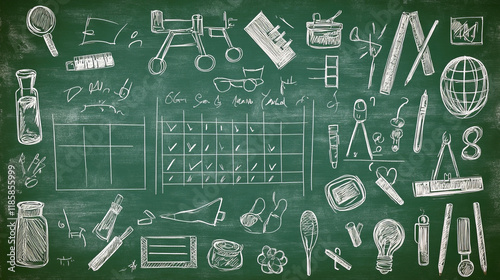 School timetable vector template. Weekly lesson schedule on student notebook paper sheets on green chalkboard background with chalk sketches of school supplies, education items and stationery
