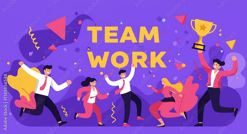 Group of people jumping holding trophy. golden cup and confetti. Business team achievements. Get reward and celebrate. success, leadership, awards. Vector illustration flat style Group of people jumping holding trophy. golden cup and confetti. Business team achievements. Get reward and celebrate. success, leadership, awards. Vector illustration flat style