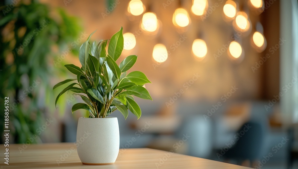 Small potted plant on wooden table in cafe. Small potted plant on wooden table in cafe.