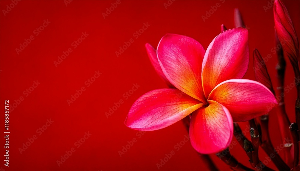 Fototapeta premium close up of red frangipani flower, red background, copy space