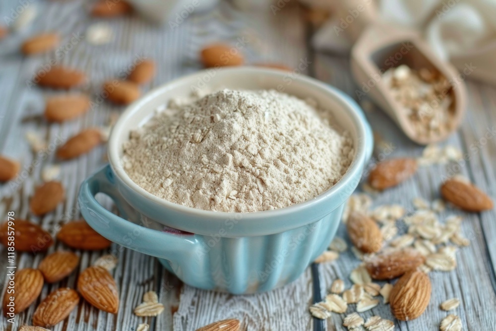 Almond flour and oat flour are combined in a bowl, creating a healthy and gluten free baking option Almond flour and oat flour are combined in a bowl, creating a healthy and gluten free baking option