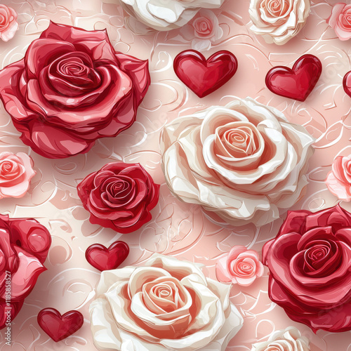 seamless pattern of roses and hearts in shades of red and pink