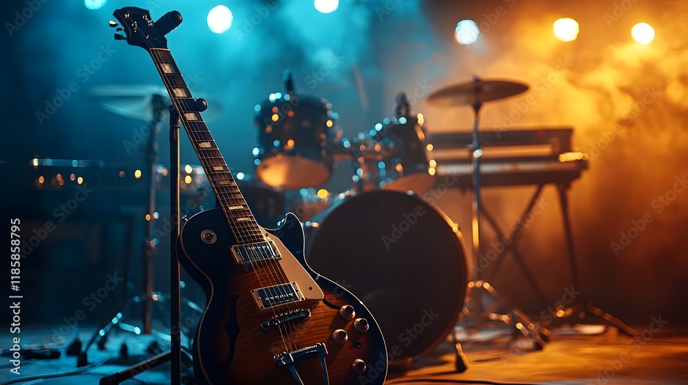Fototapeta premium Electric Guitar On Stage With Drum Kit And Keyboard