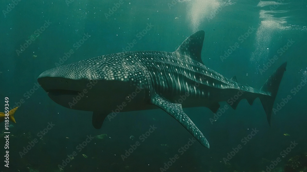 Fototapeta premium A whale shark swims gracefully underwater, surrounded by smaller fish.
