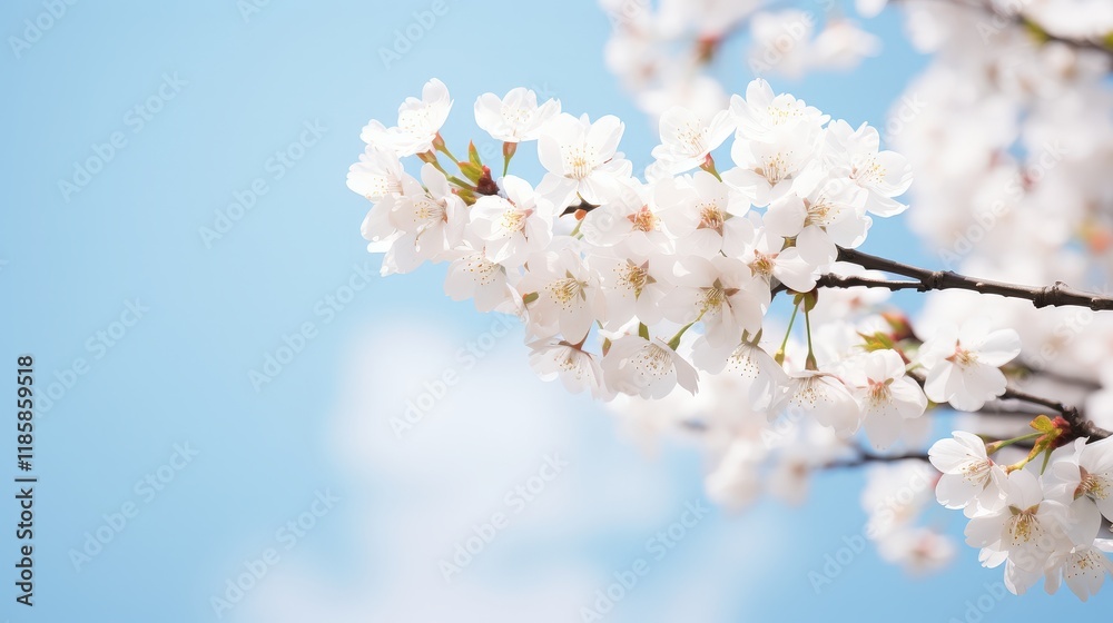 Dreamy Soft Focus View of Cherry Blossom Branch Against a Clear Blue Sky with Delicate White Flowers in Full Bloom Dreamy Soft Focus View of Cherry Blossom Branch Against a Clear Blue Sky with Delicate White Flowers in Full Bloom